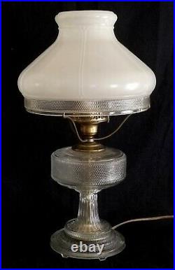 Pattern glass kerosene LAMP, Aladdin Lamp Co, matching shade, electric, dmge, 20t