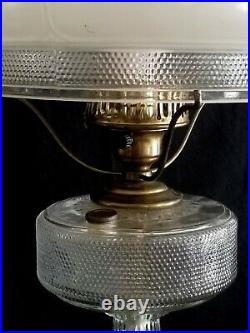 Pattern glass kerosene LAMP, Aladdin Lamp Co, matching shade, electric, dmge, 20t