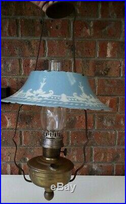 RARE ALADDIN HANGING OIL KEROSENE LAMP. BRASS & WROUGHT IRON with ENAMEL SHADE