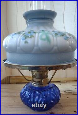 RARE Cobalt BLUE Genie II ALADDIN Oil SHELF LAMP Painted GLASS Shade FLOWERS 23A