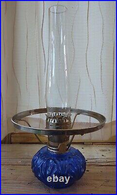 RARE Cobalt BLUE Genie II ALADDIN Oil SHELF LAMP Painted GLASS Shade FLOWERS 23A