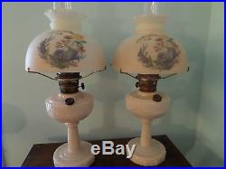RARE Pair ALADDIN LINCOLN DRAPE ALACITE TABLE KEROSENE OIL LAMP withPAINTED SHADES