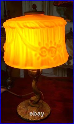 Rare Aladdin Boudoir Lamp Cast Metal Koi Fish Lamp Satin Cased Glass Shade