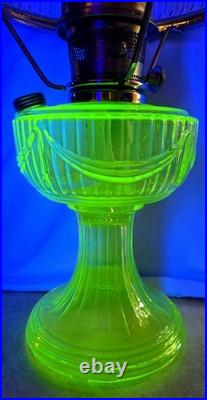Rare Aladdin Vaseline Uranium Glass Lincoln Drape Oil Lamp Signed & Glows 2004