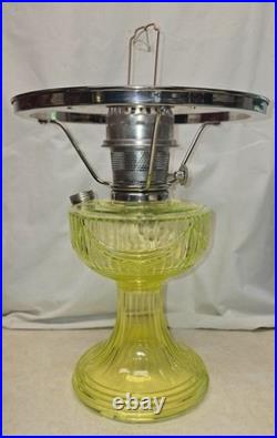 Rare Aladdin Vaseline Uranium Glass Lincoln Drape Oil Lamp Signed & Glows 2004
