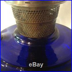 Rare Aladdin cobalt blue TLD scallop foot kerosene oil lamp chip in top threads