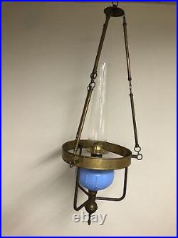 Risdon Aladdin Kerosene Hanging Parlor Lamp Ceiling Chandelier Brass Blue Opal