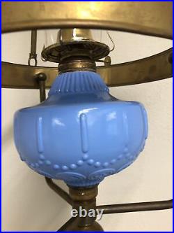 Risdon Aladdin Kerosene Hanging Parlor Lamp Ceiling Chandelier Brass Blue Opal