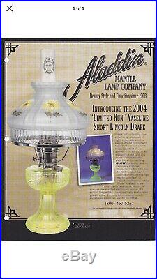 Scarce Aladdin Short Lincoln Drape Kerosene Oil Lamp Mosser Vaseline Glass NOS