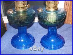 Set of 2 ALADDIN MANTLE LAMPs 23 Cobalt Aqua Blue Lincoln Drape Base & Brass