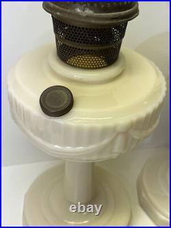 Set of 2 Aladdin Alacite Lincoln Drape Marbled White Cream Oil Lamps with Chimneys