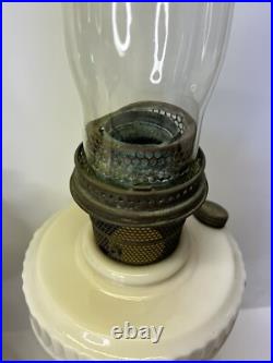 Set of 2 Aladdin Alacite Lincoln Drape Marbled White Cream Oil Lamps with Chimneys