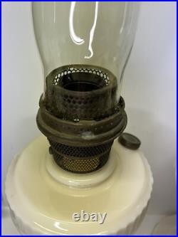 Set of 2 Aladdin Alacite Lincoln Drape Marbled White Cream Oil Lamps with Chimneys