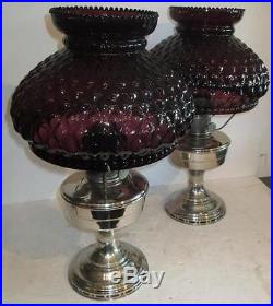 Set of 2 Oil Lamps Aladdin #12 w Amethyst Shade 12 Kerosene Glass Burner Vintage