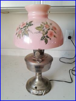 Stunning 3 Pc Antique Aladdin Model 12 Electrified Oil Lamp WithPink Glass Shade