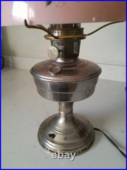 Stunning 3 Pc Antique Aladdin Model 12 Electrified Oil Lamp WithPink Glass Shade