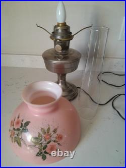 Stunning 3 Pc Antique Aladdin Model 12 Electrified Oil Lamp WithPink Glass Shade