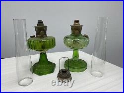 TWO Antique Green glass Aladdin kerosene lamps