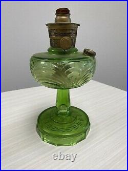 TWO Antique Green glass Aladdin kerosene lamps