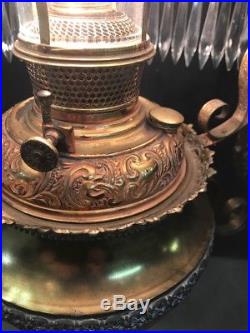 VICTORIAN BRASS HANGING OIL LAMP Milk GLASS SHADE Filigree Aladdin (AA2)