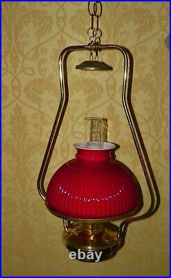 VINTAGE ALADDIN BRASS HANGING KEROSENE LAMP WithSHERWOOD RED CASED GLASS SHADE