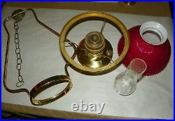 VINTAGE ALADDIN BRASS HANGING KEROSENE LAMP WithSHERWOOD RED CASED GLASS SHADE