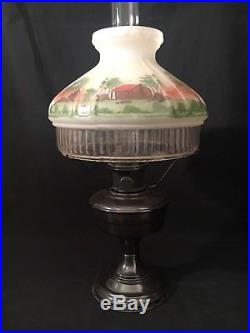 VINTAGE ALADDIN KEROSENE oil LAMP GLASS LOG CABIN scenic SHADE 601-RS model 12