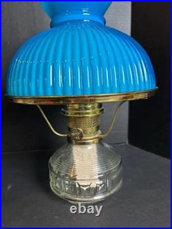 VNTG Aladdin Model 23 Clear Glass Oil Lamp, Colonial Squares Font, Blue ribbed