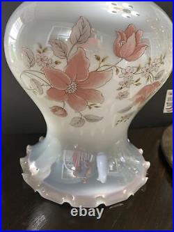 VNTG Antique Lg Hurricane Lamp Glass Shade Floral. Ruffled Top. 3 3/4 Fitter