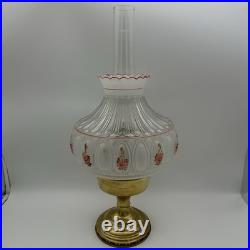 VTG ALADDIN Brass Base Hand Painted Clear Frosted Glass Oil Lamp Peach Flowers