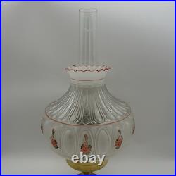VTG ALADDIN Brass Base Hand Painted Clear Frosted Glass Oil Lamp Peach Flowers
