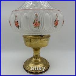 VTG ALADDIN Brass Base Hand Painted Clear Frosted Glass Oil Lamp Peach Flowers