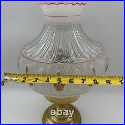 VTG ALADDIN Brass Base Hand Painted Clear Frosted Glass Oil Lamp Peach Flowers