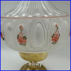 VTG ALADDIN Brass Base Hand Painted Clear Frosted Glass Oil Lamp Peach Flowers