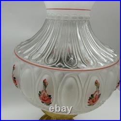 VTG ALADDIN Brass Base Hand Painted Clear Frosted Glass Oil Lamp Peach Flowers
