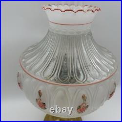 VTG ALADDIN Brass Base Hand Painted Clear Frosted Glass Oil Lamp Peach Flowers