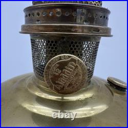 VTG ALADDIN Brass Base Hand Painted Clear Frosted Glass Oil Lamp Peach Flowers