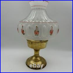 VTG ALADDIN Brass Base Hand Painted Clear Frosted Glass Oil Lamp Peach Flowers