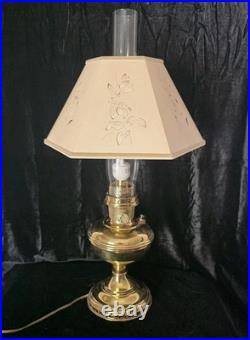 VTG Aladdin 12 Brass Oil to Electric Lamp, Lox-on Chimney & Cut-out Floral Shade