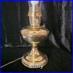 VTG Aladdin 12 Brass Oil to Electric Lamp, Lox-on Chimney & Cut-out Floral Shade