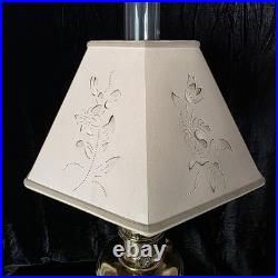 VTG Aladdin 12 Brass Oil to Electric Lamp, Lox-on Chimney & Cut-out Floral Shade