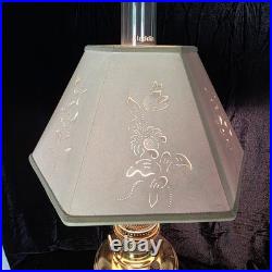 VTG Aladdin 12 Brass Oil to Electric Lamp, Lox-on Chimney & Cut-out Floral Shade