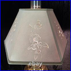 VTG Aladdin 12 Brass Oil to Electric Lamp, Lox-on Chimney & Cut-out Floral Shade