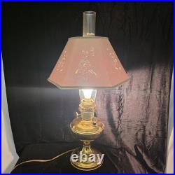 VTG Aladdin 12 Brass Oil to Electric Lamp, Lox-on Chimney & Cut-out Floral Shade