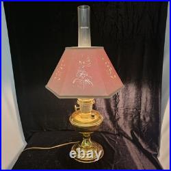 VTG Aladdin 12 Brass Oil to Electric Lamp, Lox-on Chimney & Cut-out Floral Shade