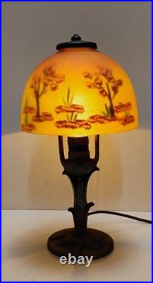 VTG Aladdin Cast Iron with Floral Reverse Painted Glass Shade Table Lamp 13 VTG Aladdin Cast Iron with Floral Reverse Painted Glass Shade Table Lamp 13