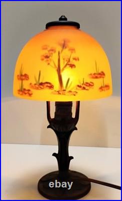 VTG Aladdin Cast Iron with Floral Reverse Painted Glass Shade Table Lamp 13
