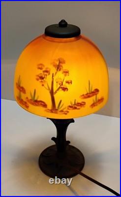 VTG Aladdin Cast Iron with Floral Reverse Painted Glass Shade Table Lamp 13