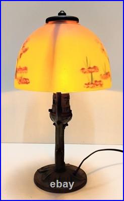 VTG Aladdin Cast Iron with Floral Reverse Painted Glass Shade Table Lamp 13