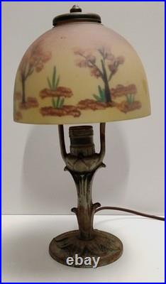 VTG Aladdin Cast Iron with Floral Reverse Painted Glass Shade Table Lamp 13